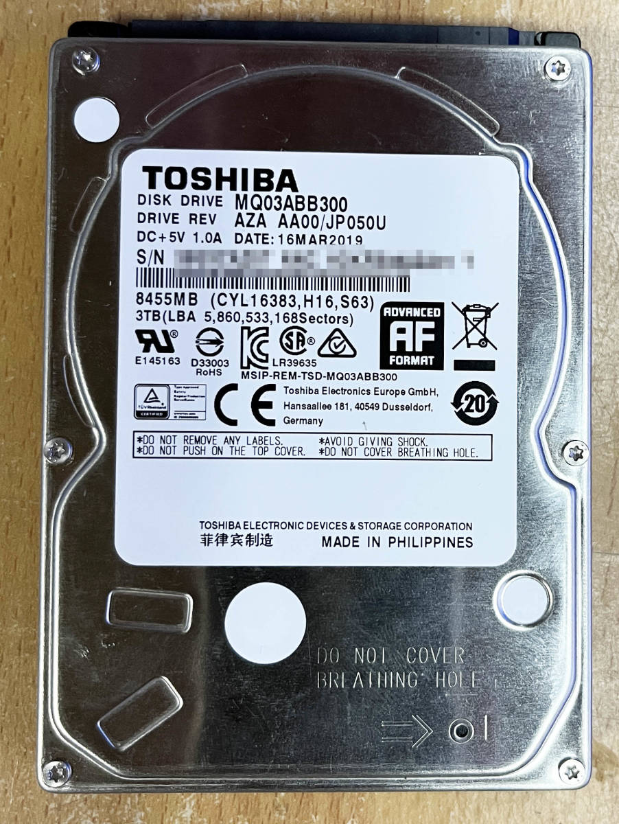 東芝 2.5インチ HDD MQ03ABB300 3TB 15mm厚_画像1