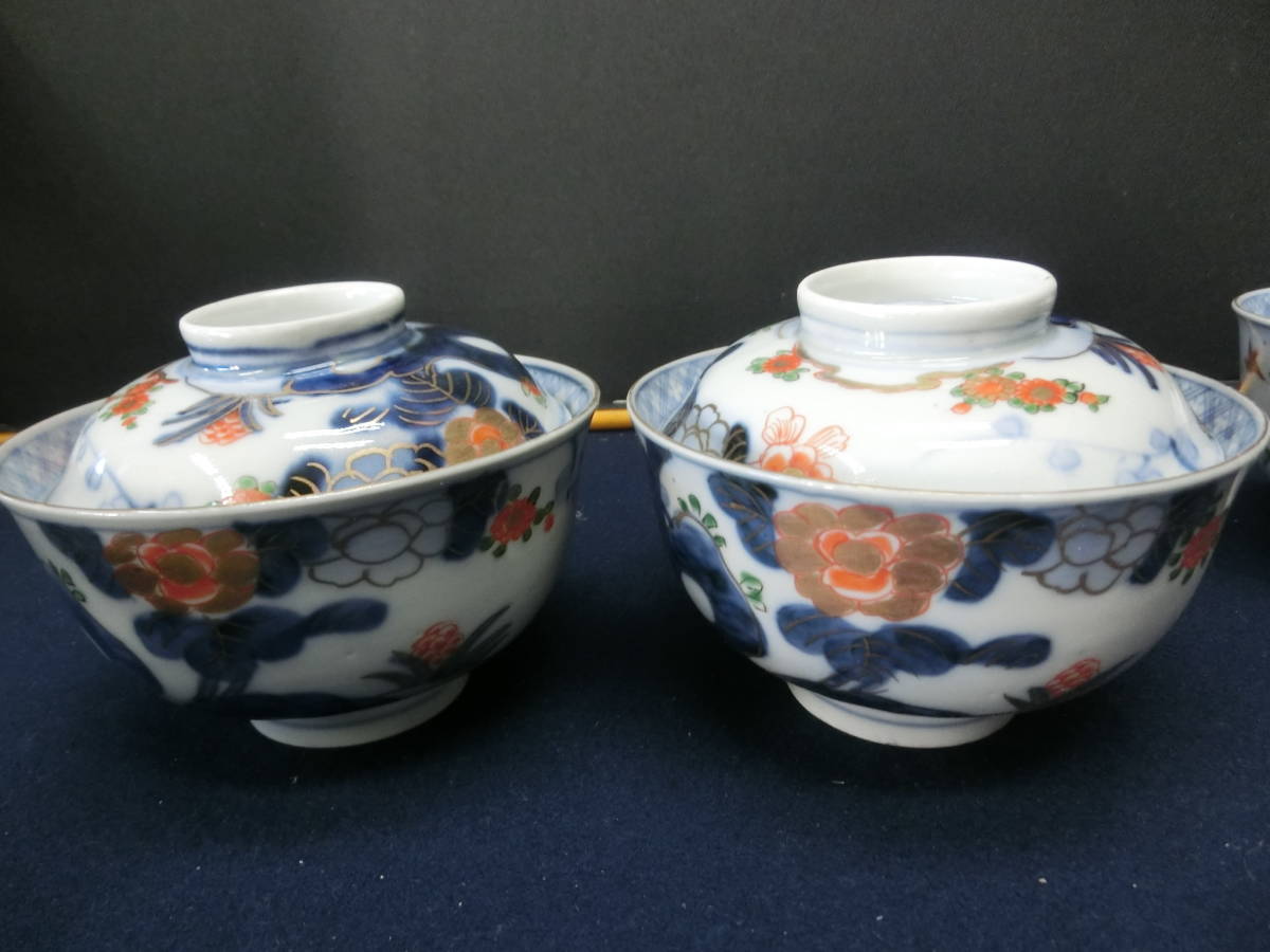 古伊万里 染錦 椿花鳥図 中 蓋茶碗 5客 江戸後期 現状品 (ゆうパック100)_画像5