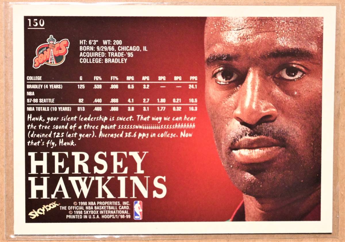 HERSEY HAWKINS (ハーシーホーキンス) 1998 SKY BOX トレーディングカード 【NBA シアトルスーパーソニックス Seattle Supersonics】 _画像2