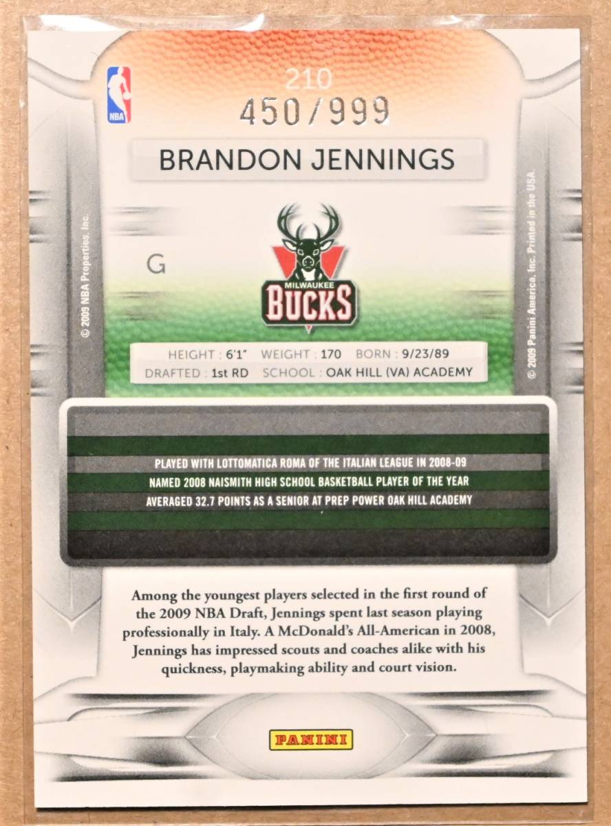 BRANDON JENNINGS (ブランドン・ジェニングス) 2009 ROOKIE DRAFT Picks 999枚限定 ルーキー トレーディングカード 【NBA BUCKS バックス】の画像2