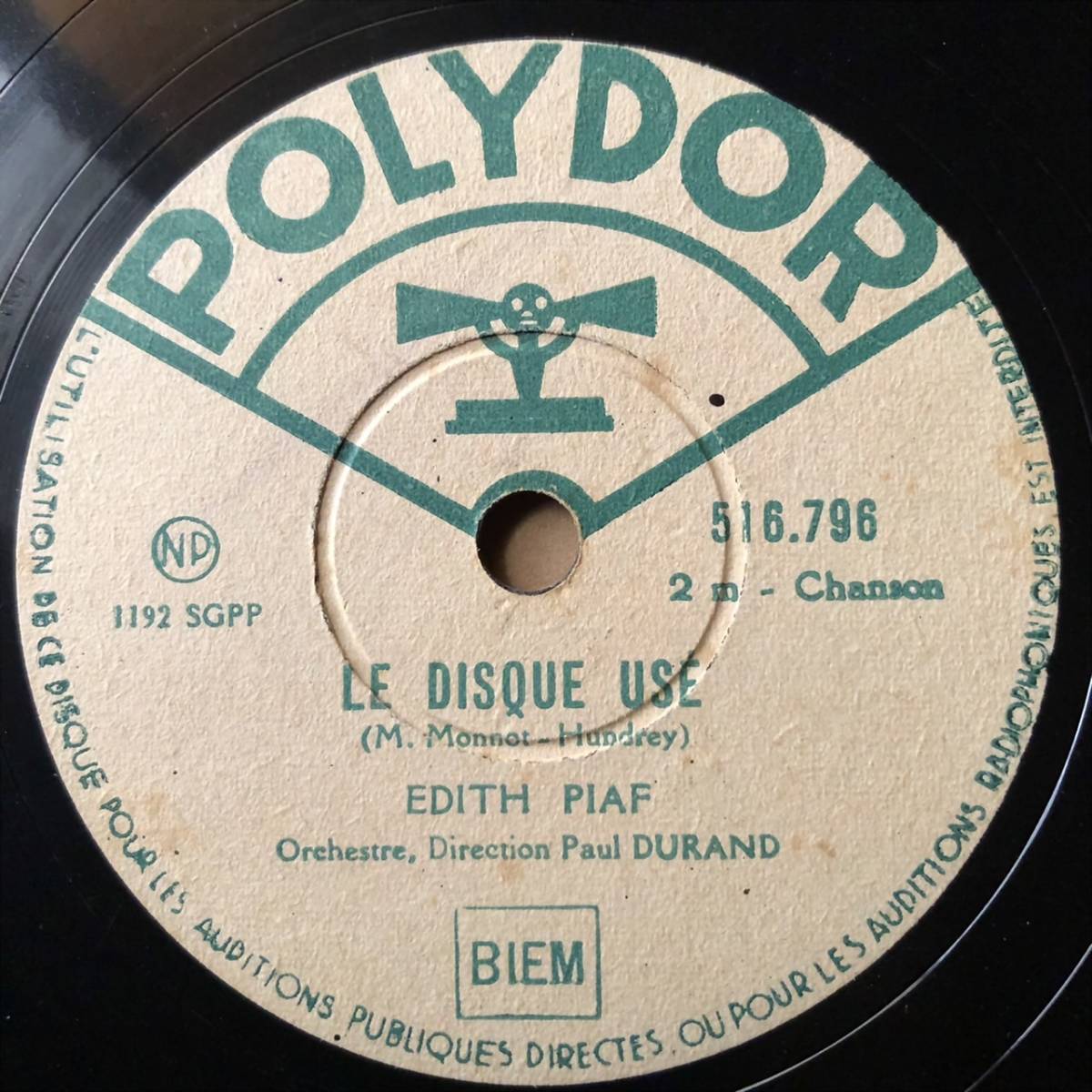 SP盤SPレコード　フランスポリドール12吋美麗盤　シャンソン　エディット・ピアフ　LE DISQUE USE　HISTOIRES DE COEUR