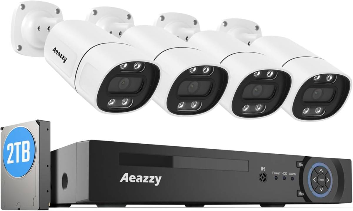 【500万画素・声光威嚇・双方向音声】AEAZZY 防犯カメラ 4台セット 5MP POE給電カメラ 8ch H.265 4K 暗視撮影 暗視カメラ（2TB HDD付)