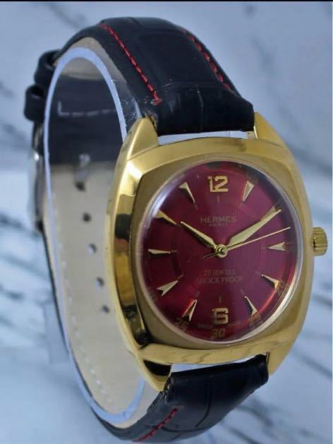 ヴィンテージ　エルメスHERMES レッドダイヤル手巻きメンズ腕時計　17jewels 1980から1989年スイス製 再生品_画像3