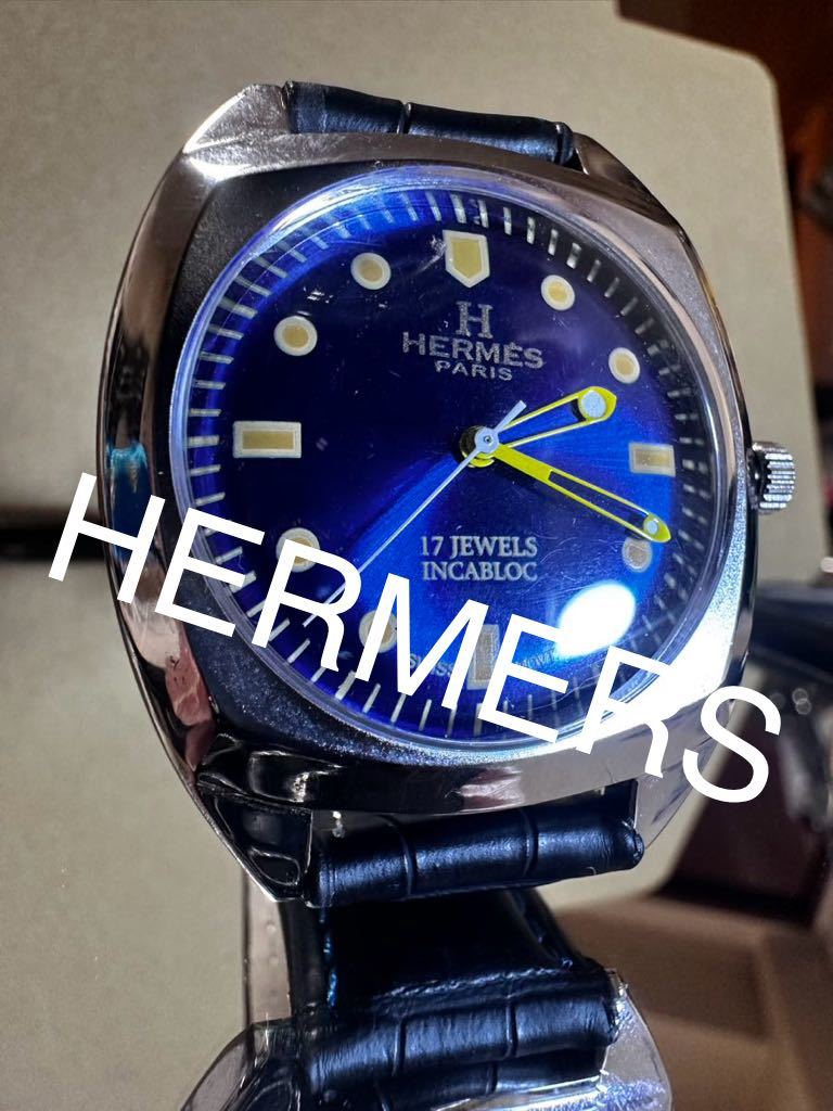 ヴィンテージ　エルメスHERMES ブルーダイヤル手巻きメンズ腕時計　17jewels 1980から1989年スイス製 再生品_画像1