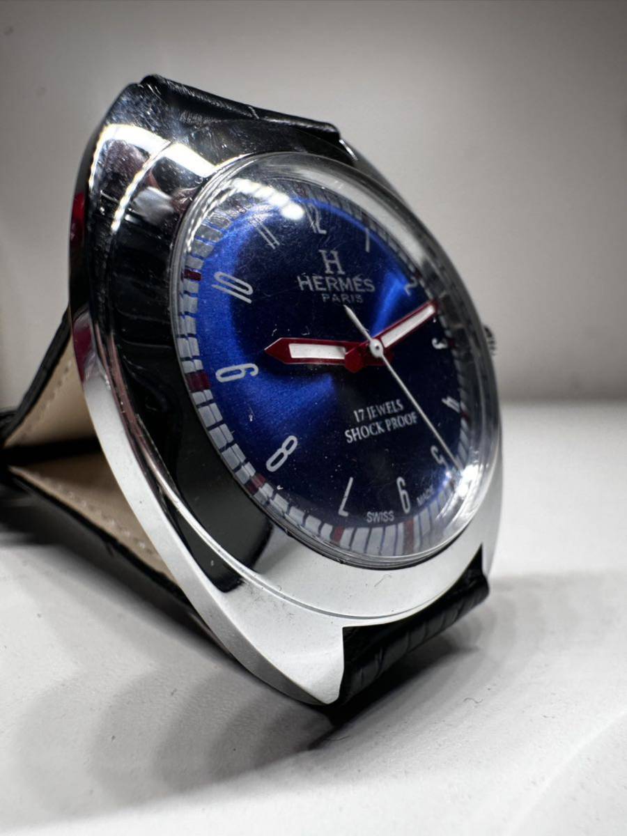 ヴィンテージ　エルメスHELMES ブルーダイヤル手巻きメンズ腕時計　17jewels 1980から1989年スイス製 再生品_画像3