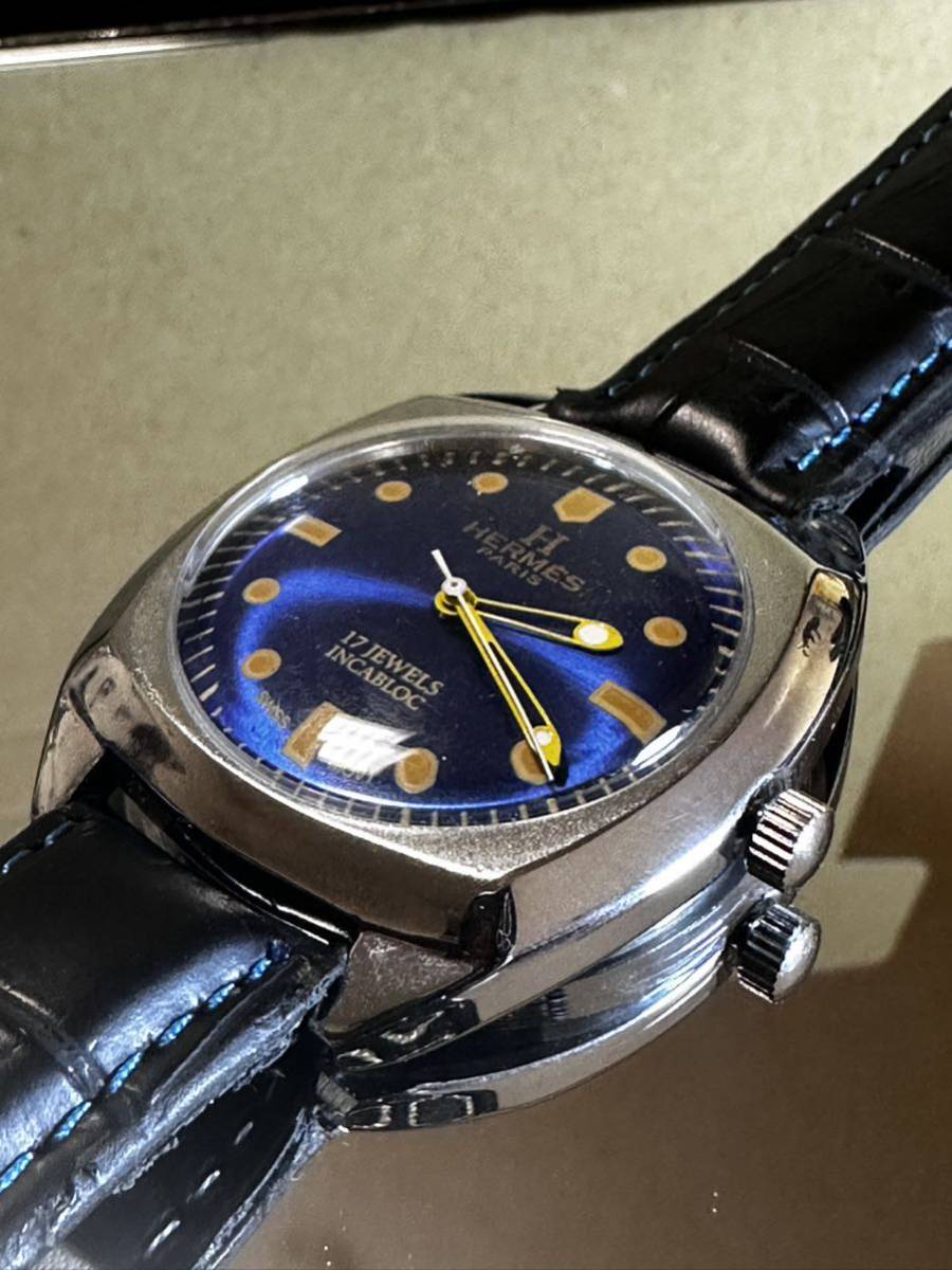 ヴィンテージ　エルメスHERMES ブルーダイヤル手巻きメンズ腕時計　17jewels 1980から1989年スイス製 再生品_画像5