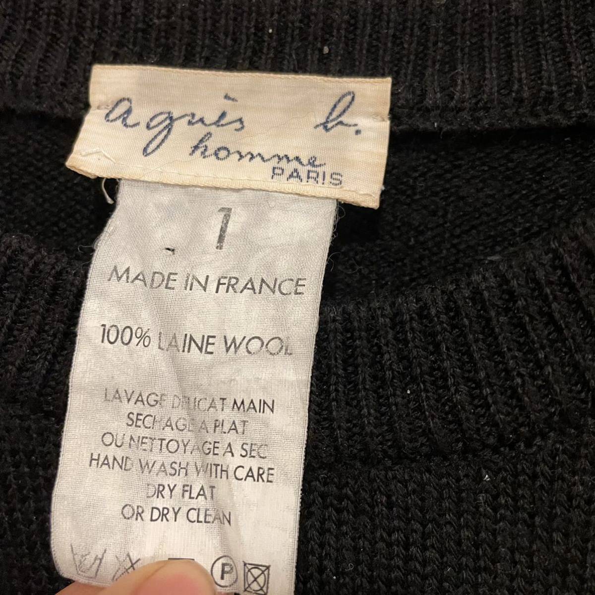 80s 90s Agnes b. homme クルーネック ニット セーター ブラック 黒 白タグ フランス製 サイズ1 アニエスベー オム_画像2