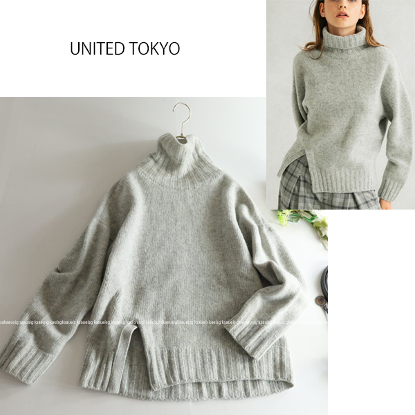 ユナイテッドトウキョウ UNITED TOKYO★裾スリット♪ウール＆カシミヤブレンドハイネックニットトップス グレー_画像1