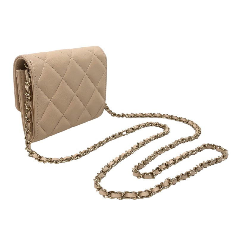  Chanel CHANEL chain small wallet 31 number pcs beige caviar s gold folding twice purse lady's used 