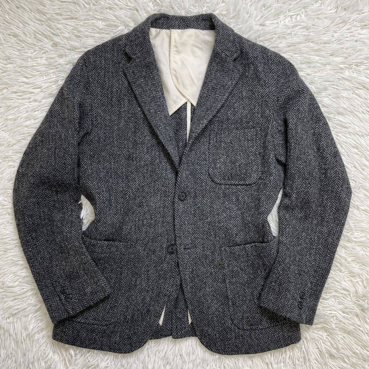 1円〜 BEAMS PLUS ビームスプラス ハリスツイード テーラードジャケット ヘリンボーン ウール お洒落 秋冬 グレー Mサイズ harris tweed_画像2