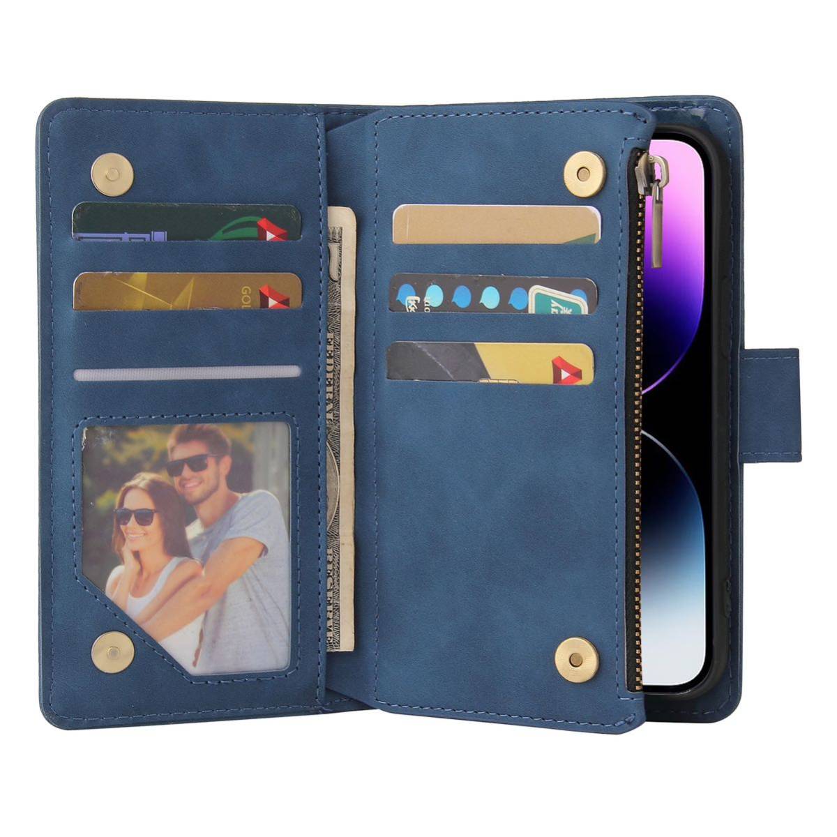 iPhone 15 pro ケース アイフォン15 プロ レザーケース iPhone15 pro カバー 手帳型 お財布付き カード収納 ストラップ付き ブルー_画像7