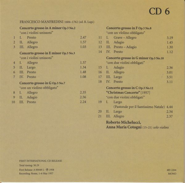 [CD/Philips]F.マンフレディーニ(1684-1762):合奏協奏曲イ短調Op.3-2&合奏協奏曲ホ短調Op.3-3他/R.ミケルッチ(vn)他&イ・ムジチ合奏団 1957_画像2