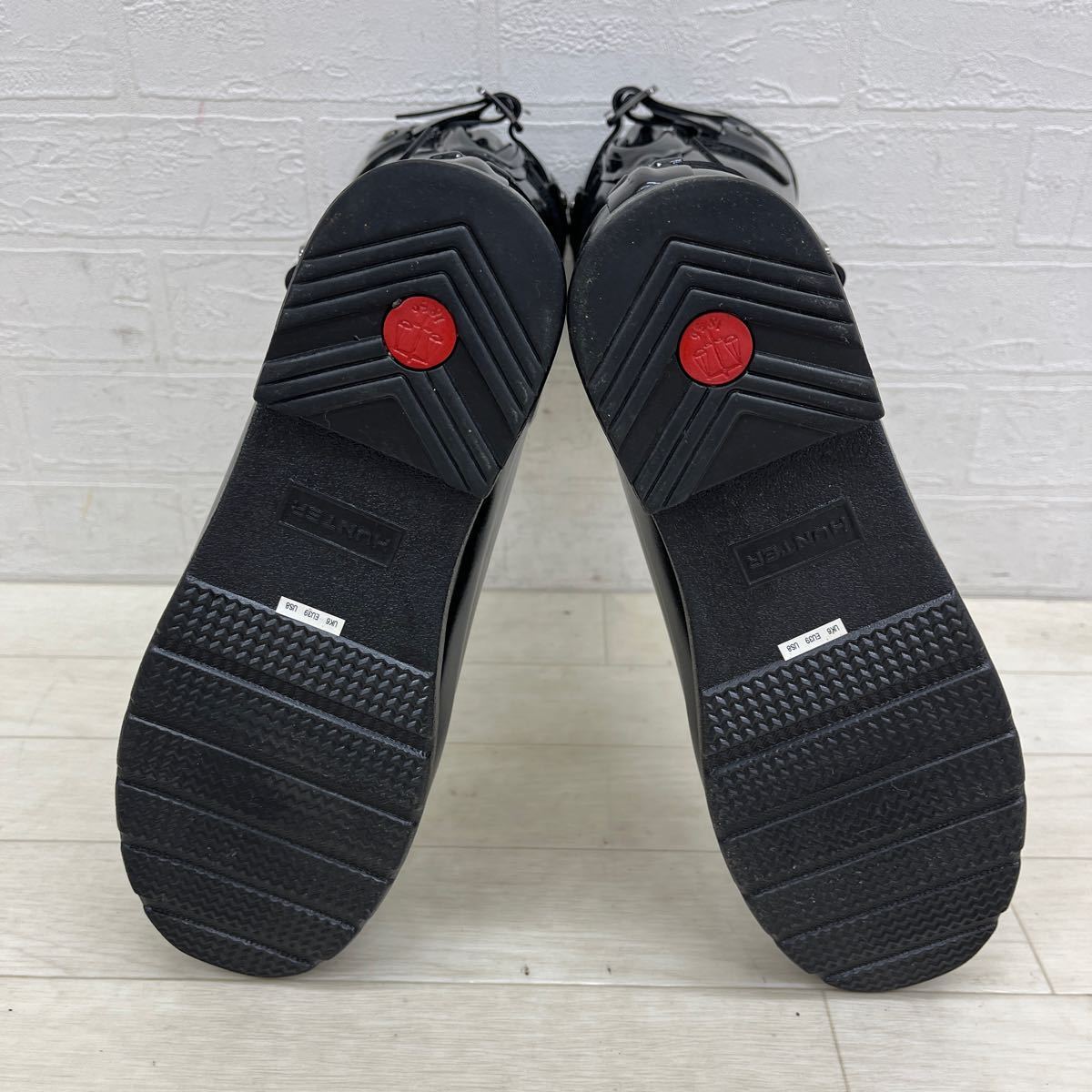 1256◎ HUNTER ハンター 靴 ハーフ ブーツ レイン 雨靴 長靴 カジュアル ワンポイント ロゴ エナメル ブラック レディースUK6_画像6