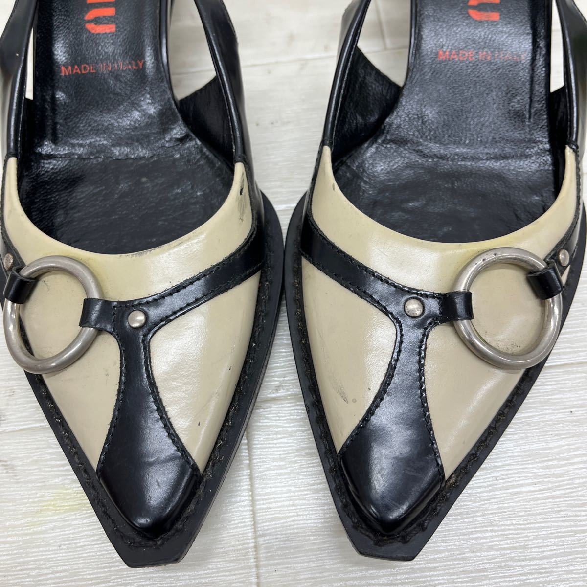 1271◎ イタリア製 miumiu ミュウミュウ 靴 シューズ パンプス ヒール ストラップ ポインテッドトゥ ベージュ ブラック レディース36_画像9