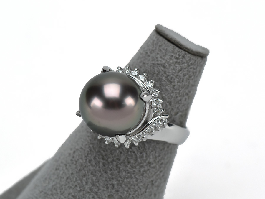 【冬バーゲン★特別送料無料!】 ファッションリング ブラックパール 黒蝶真珠 11.8mm ダイヤモンド 0.33ct サイズ11号 プラチナ レディースリング 新同品 黒蝶(くろちょう)真珠