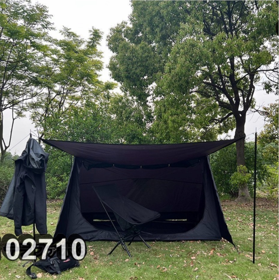 テント 1-2人用 広い前室 ツーリング コンパクト BCポリコットン素材 軽量 通気 簡単設営 キャンプ アウトドア 撥水 マット付き ブラック_画像9