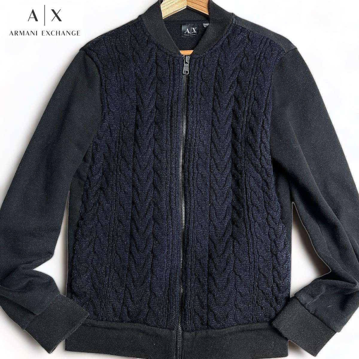 《ARMANI EXCHANGE》 アルマーニエクスチェンジ ●ケーブルニット ブルゾン ジャケット シングル ノーカラー ネイビー ブラック M_画像1