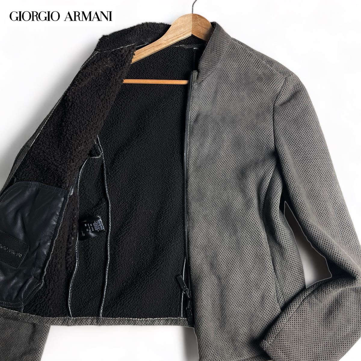 最高級革タグ!! ●GIORGIO ARMANI ジョルジオアルマーニ リアルムートン ブルゾン ジャケット ジップ パンチング ラムレザー 46 グレー_画像1