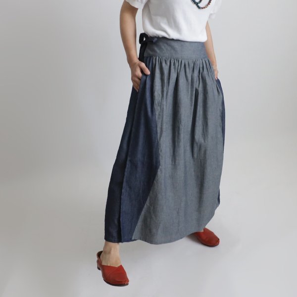 X'mas１０００円からスタート　巻き巻く愉快なパッチワーク巻きスカート　ポケット付　甘織デニム シャンブレー フリーサイズY99U_画像7