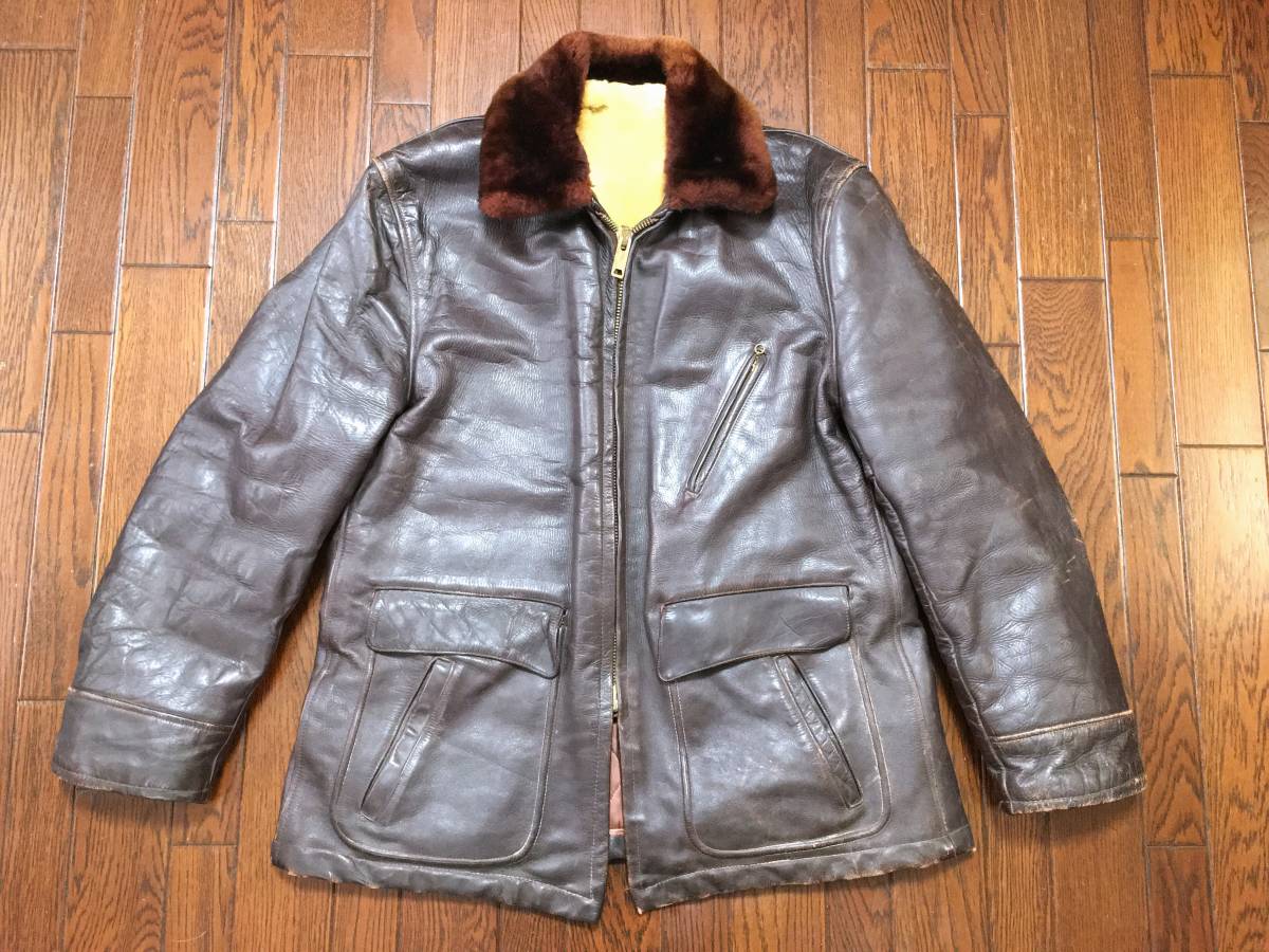 Daniel Boone ダニエルブーン 50s ビンテージ レザー カーコート 茶色 クラウンジッパー ムートンライナー 襟ボア シングル
