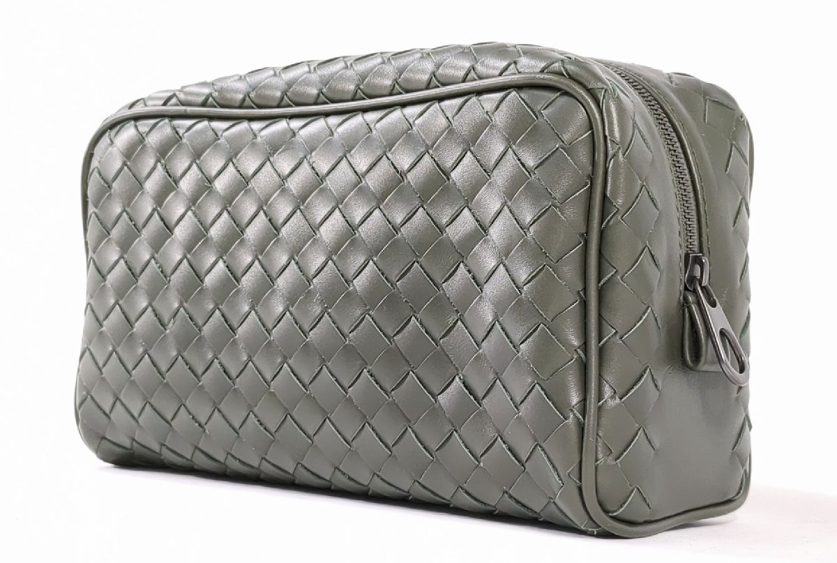 【極美品】BOTTEGA VENETA ボッテガヴェネタ イントレチャート クラッチ バッグ セカンド ポーチ レザー モスグリーンの画像2