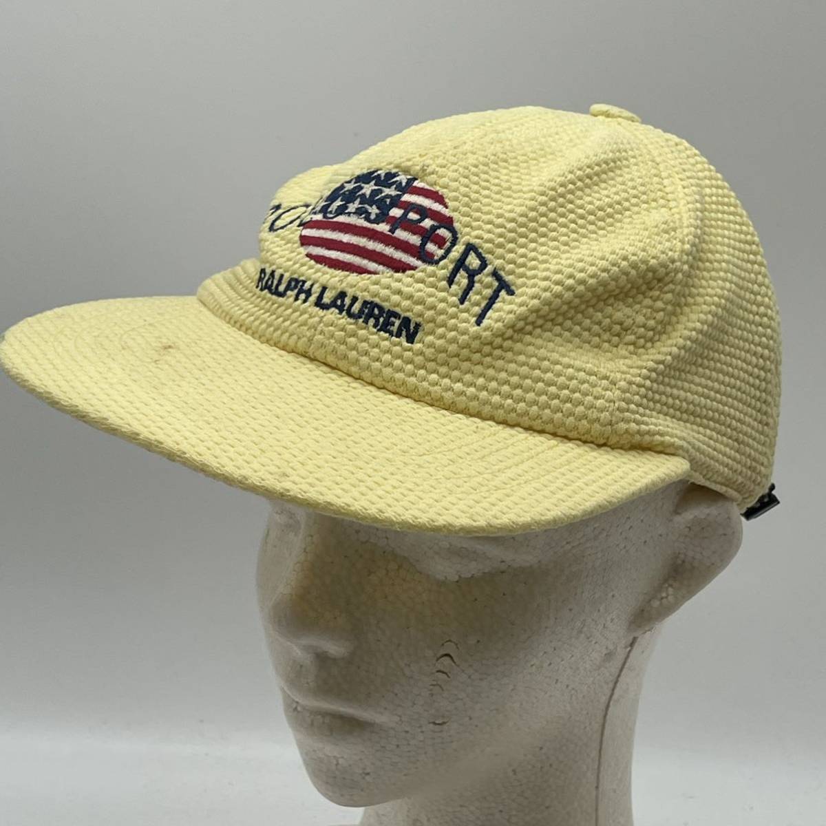 ☆【KO1445】90s POLO SPORT ポロスポーツ 星条旗 ロゴ ヴィンテージ キャップ ラルフローレン CAP イエロー_画像1