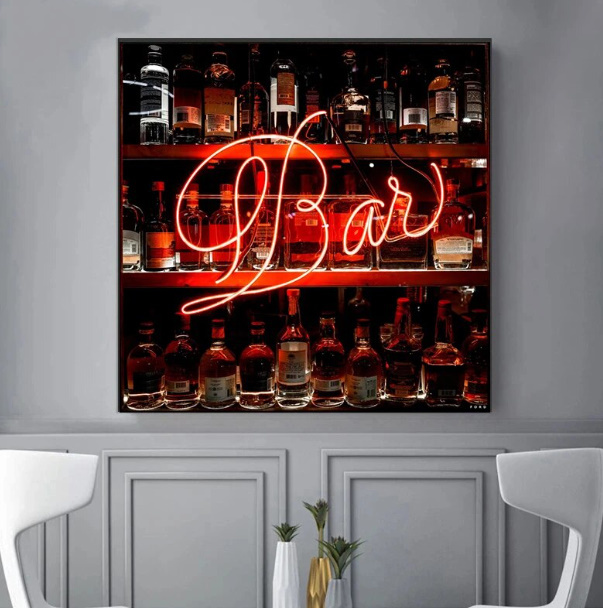  C3086 バー Bar ワインボトル レストラン カフェ キャンバスアートポスター 特大サイズ 70×70cm イラスト インテリア 海外製 枠なし _画像1