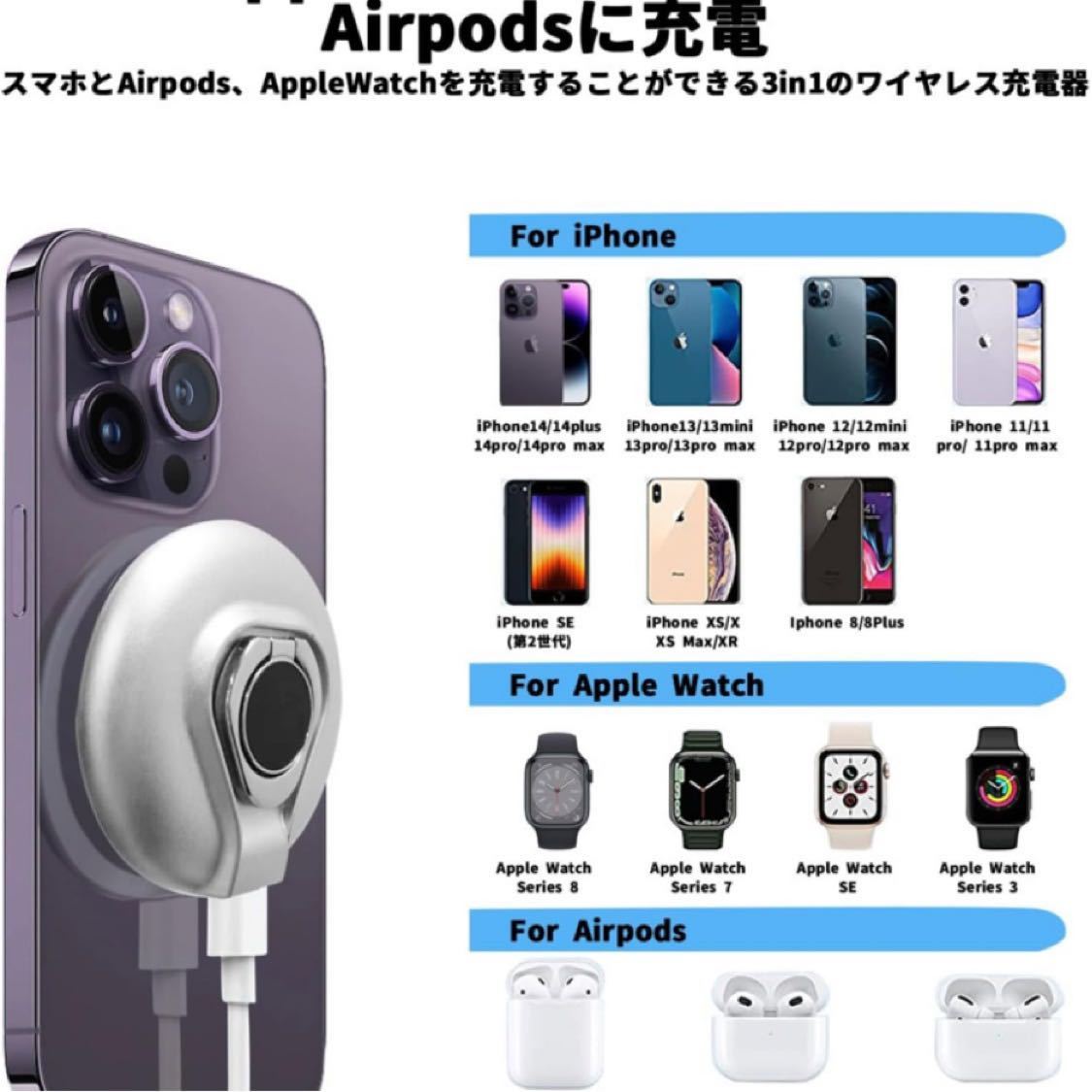 3IN1ワイヤレス充電器 磁気ワイヤレス充電器 マグセーフ充電器 Mag-Safe対応 iPhone 14/13/12シリーズ対応_画像4