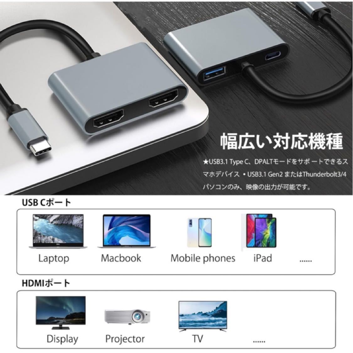 USB C HDMI 変換アダプター デュアル HDMI Type-C マルチディスプレイアダプタ 3画面 4-in-1 USB HDMI 2ポートHDMI拡張_画像6