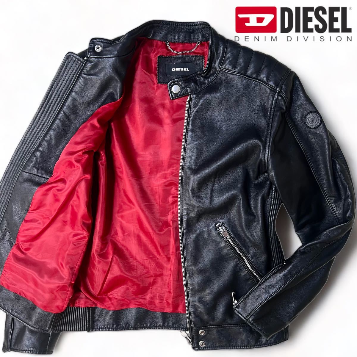 ディーゼル 『最高級な大人の本革』DIESEL シングル ライダース ジャケット ラムレザー ブルゾン 蛇腹 羊革 シープスキン ブラック 黒 赤 M_画像1