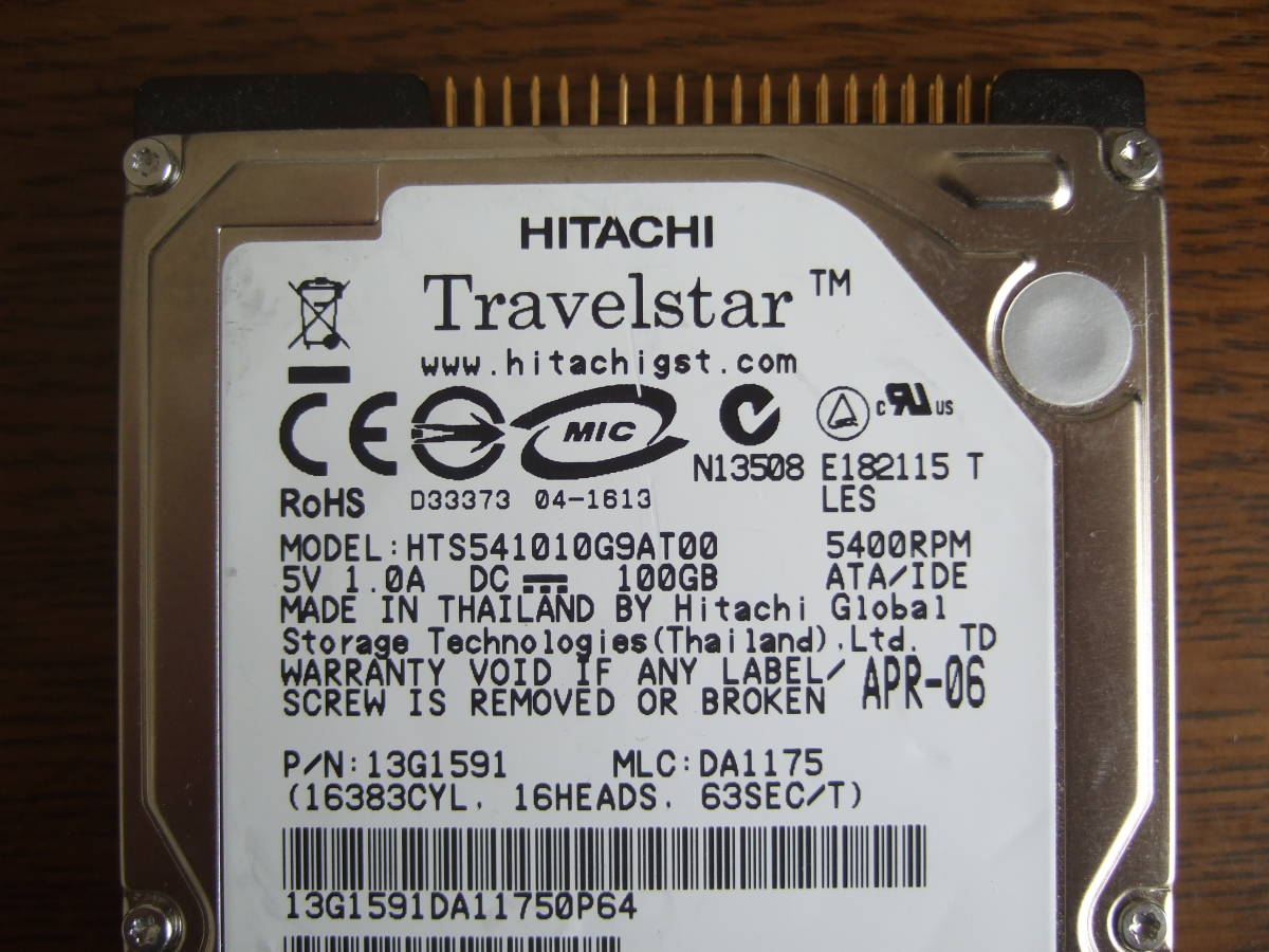 使用時間46時間 HITACHI Travelstar 2.5インチ HDD 100GB 9.5mm厚 IDE ATA_画像3