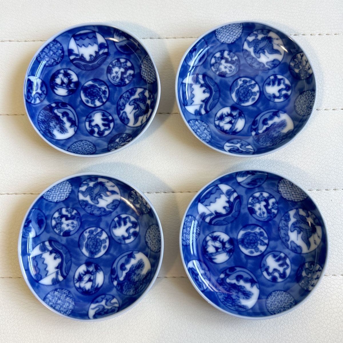 三洋陶器　龍峰窯　染付丸紋　小皿揃　4枚セット　豆皿　和食器　松竹梅　古伊万里