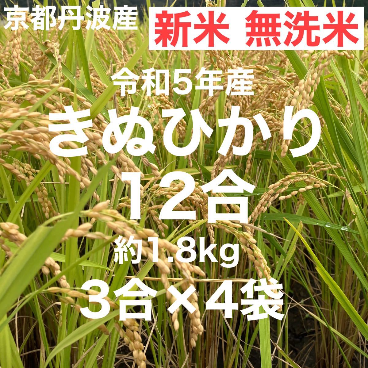 新米 無洗米 12合(3合×4袋) 1.8Kg 京都丹波産きぬひかり 令和5年産 農家直送_画像1