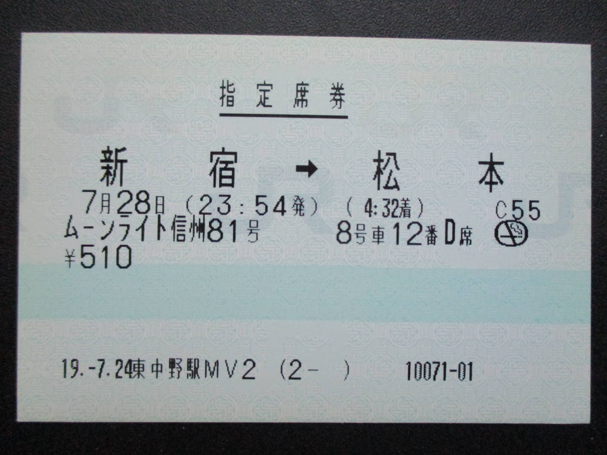 ☆　ＪＲ東日本　８５ミリ「ムーンライト信州８１号」指定席券（新宿→松本）_画像1