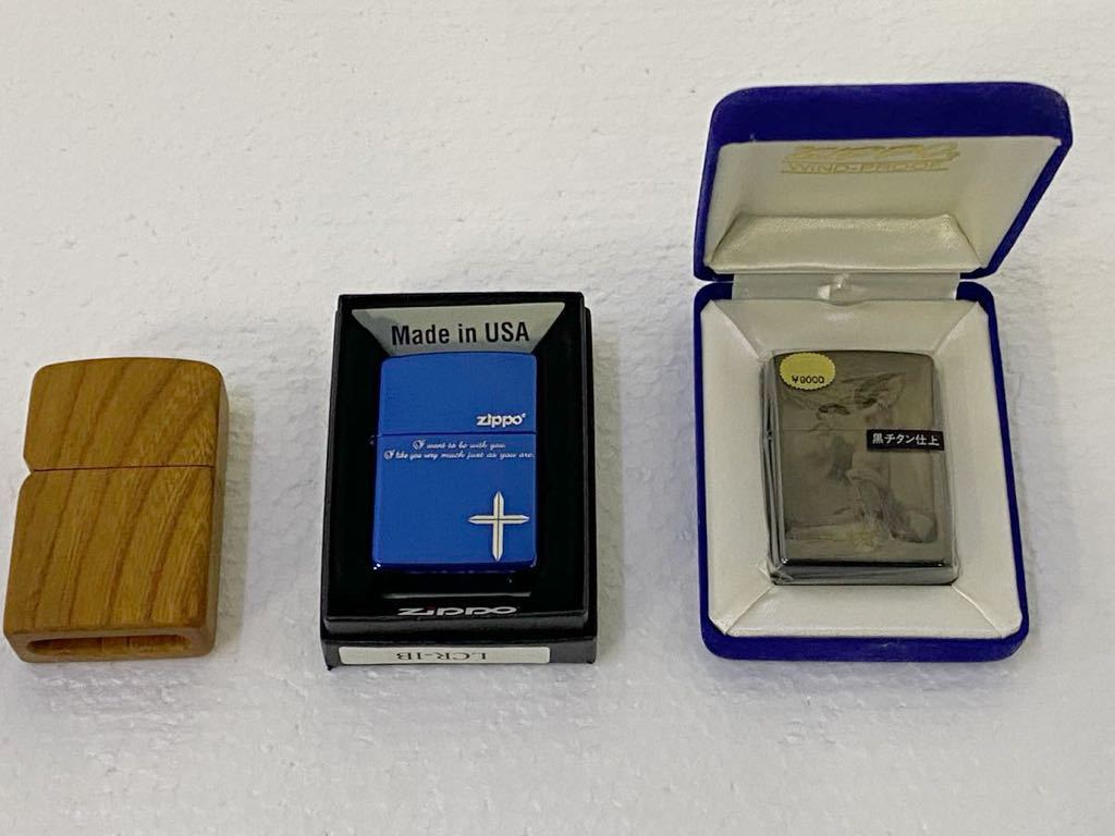 サ5631M★ZIPPO　ジッポーライター　 ビーナス レーザー彫刻 黒チタン仕上・ブルー クロス・木製ケース入り　3点セット　未使用品★_画像1