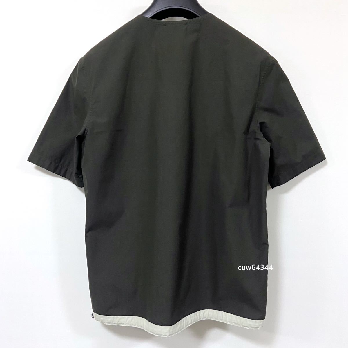 国内正規品 2023ss 良品 15 1/2 /39 M〜L相当 Hermes エルメス ノーカラー 半袖シャツ Tシャツ カーキ×クリーム系 ショッパー_画像3