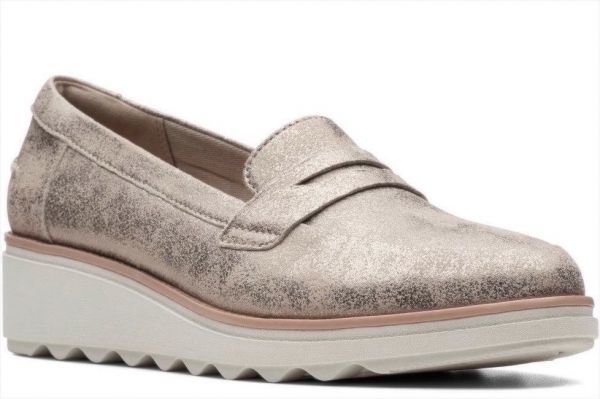 Clarks 26cm ウエッジ ローファー スエード レザー 革 Pewter ソフトメタリック フラットソール ヒール スリッポン パンプス バレエ AA94