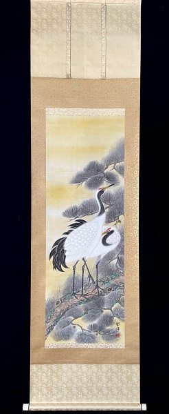 ［模写］翠峰 作「松上双鶴」絹本 花鳥図 鳥獣 日本画 絵画 日本美術 掛軸 共箱 タトウ 人が書いたもの T112137の画像3