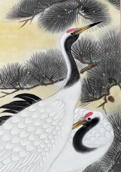 ［模写］翠峰 作「松上双鶴」絹本 花鳥図 鳥獣 日本画 絵画 日本美術 掛軸 共箱 タトウ 人が書いたもの T112137の画像7