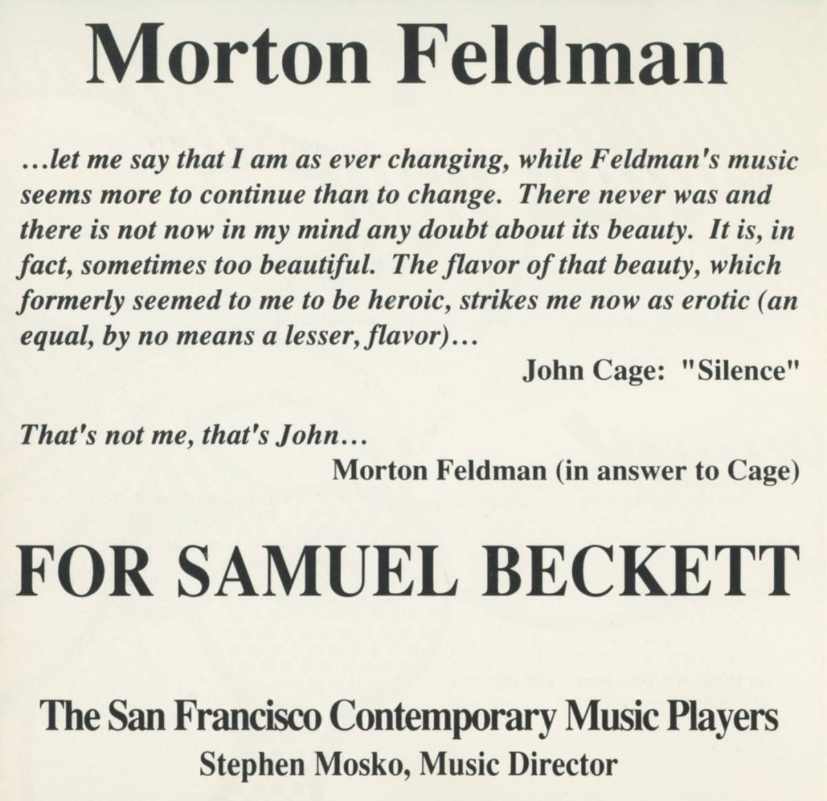 Morton Feldman - For Samuel Beckett; San Francisco Contemporary Music Players, Stephen Mosko ; Newportの画像3