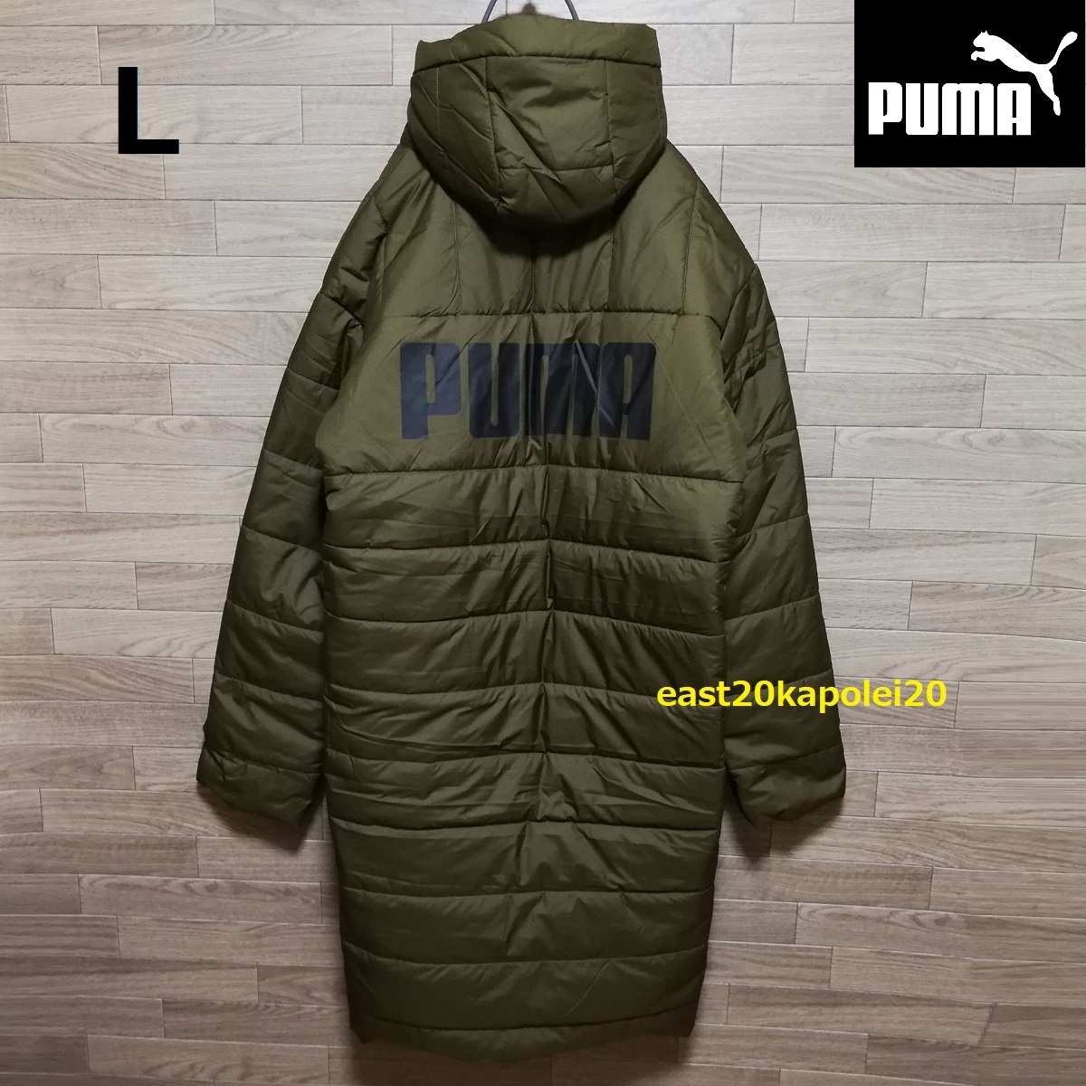 新品 PUMA プーマ ビッグ ロゴ プリント メンズ ウェア 中綿 ESS+ パデッドコート L size オリーブ 未使用 ベンチコート ロングコート 防寒