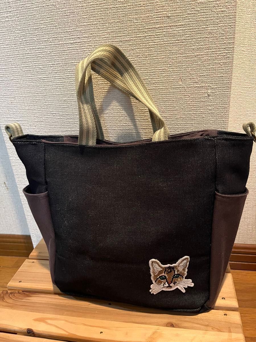 〈ハンドメイドバッグ〉特価★ 日本製デニム、帆布生地バッグ♪♪猫　家紋