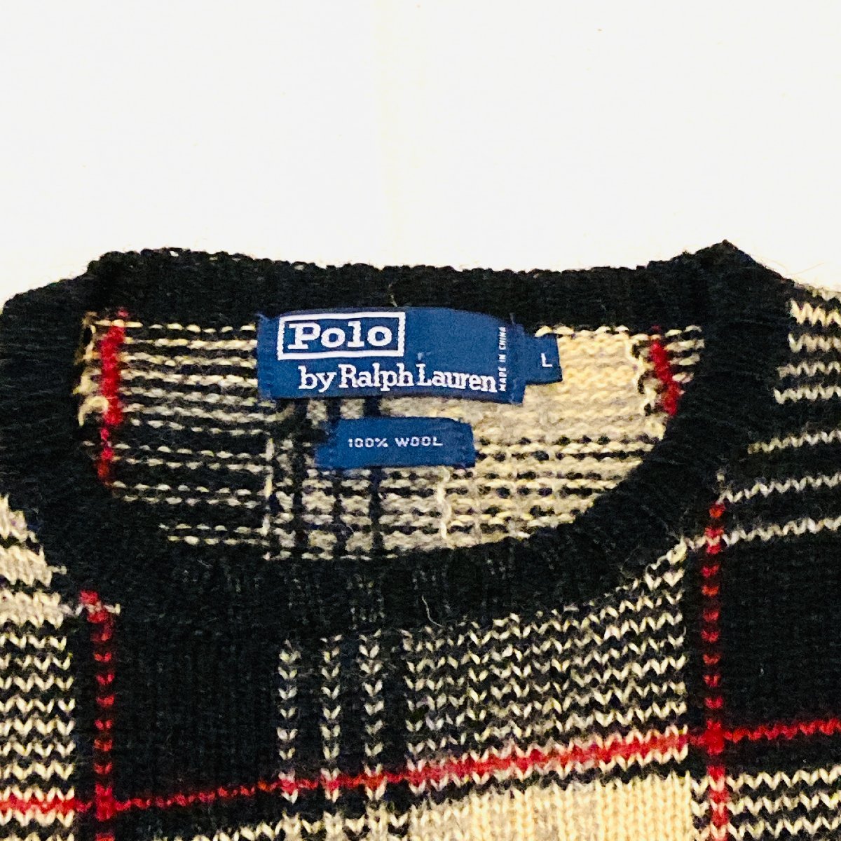 Polo by Ralph Lauren　ラルフローレン　ナイガイ製　100% WOOL ウール　ニット セーター　チェック　L　M030-0001_画像2