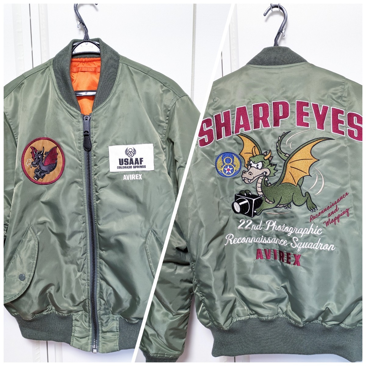 AVIREX/美品メンズL/MA-1フライトジャケット/セージ/SHARP EYES AVIREX/美品メンズL/MA-1フライトジャケット/セージ/SHARP EYES