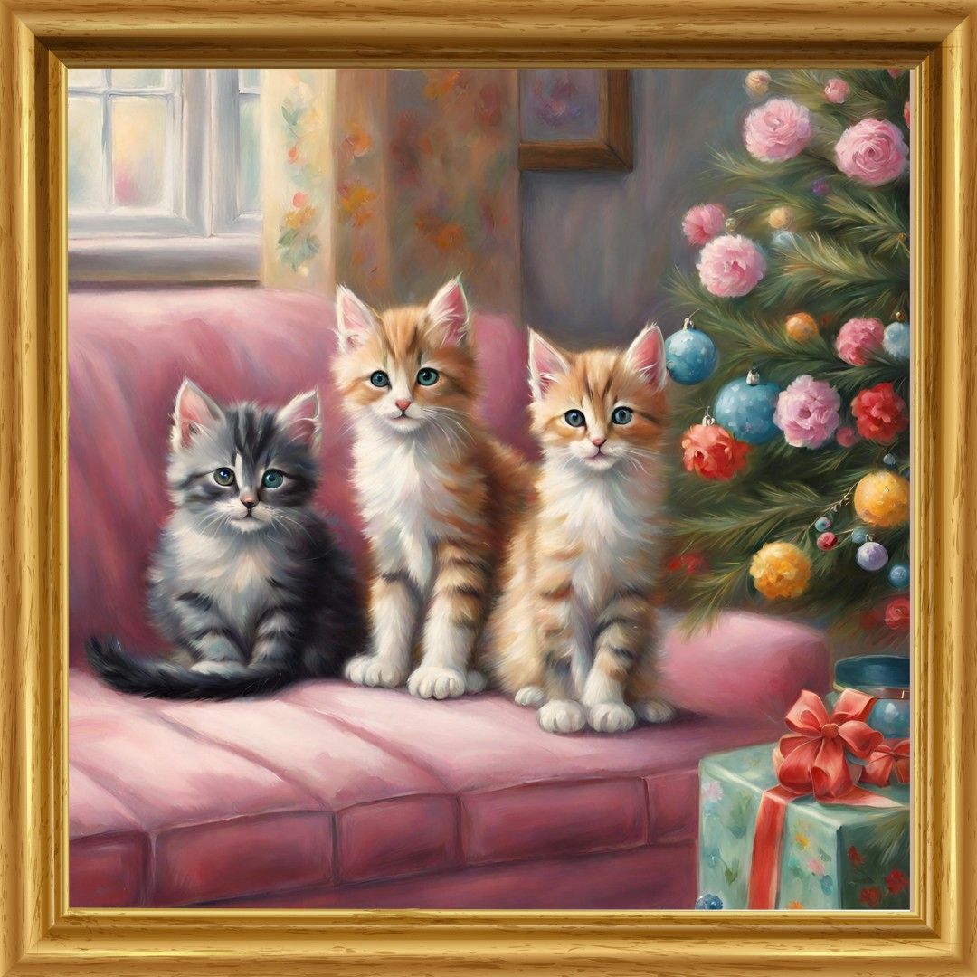 猫　クリスマスツリー　 花　 ネコ　絵　絵画　イラスト　 インテリア　Ｌ版プリント  ハンドメイド　ＡＩ 