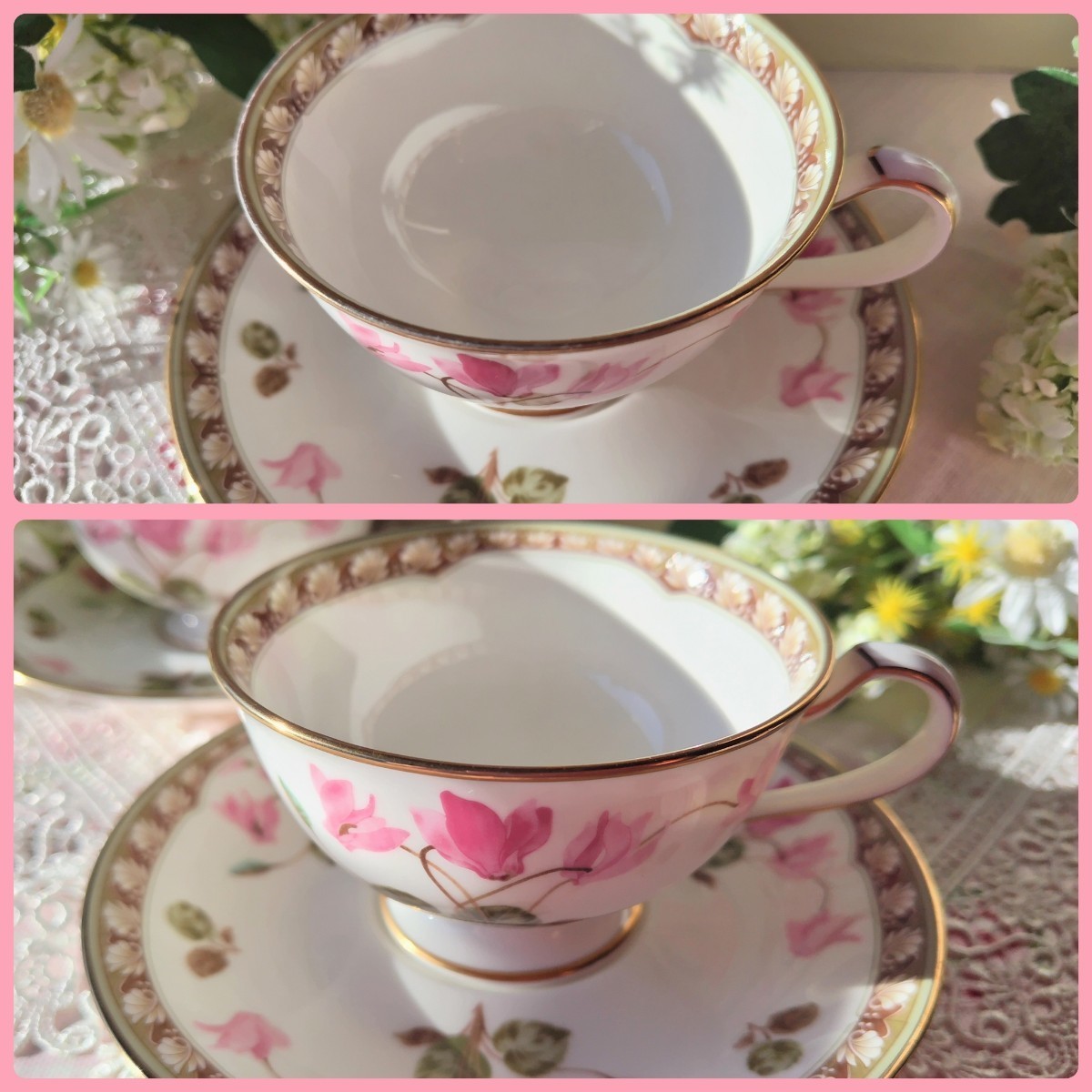 未使用☆Noritake アラジン マーク ボーンチャイナ シクラメン レトロ カップ&ソーサー 2客セット オールド ノリタケ モダン_画像3