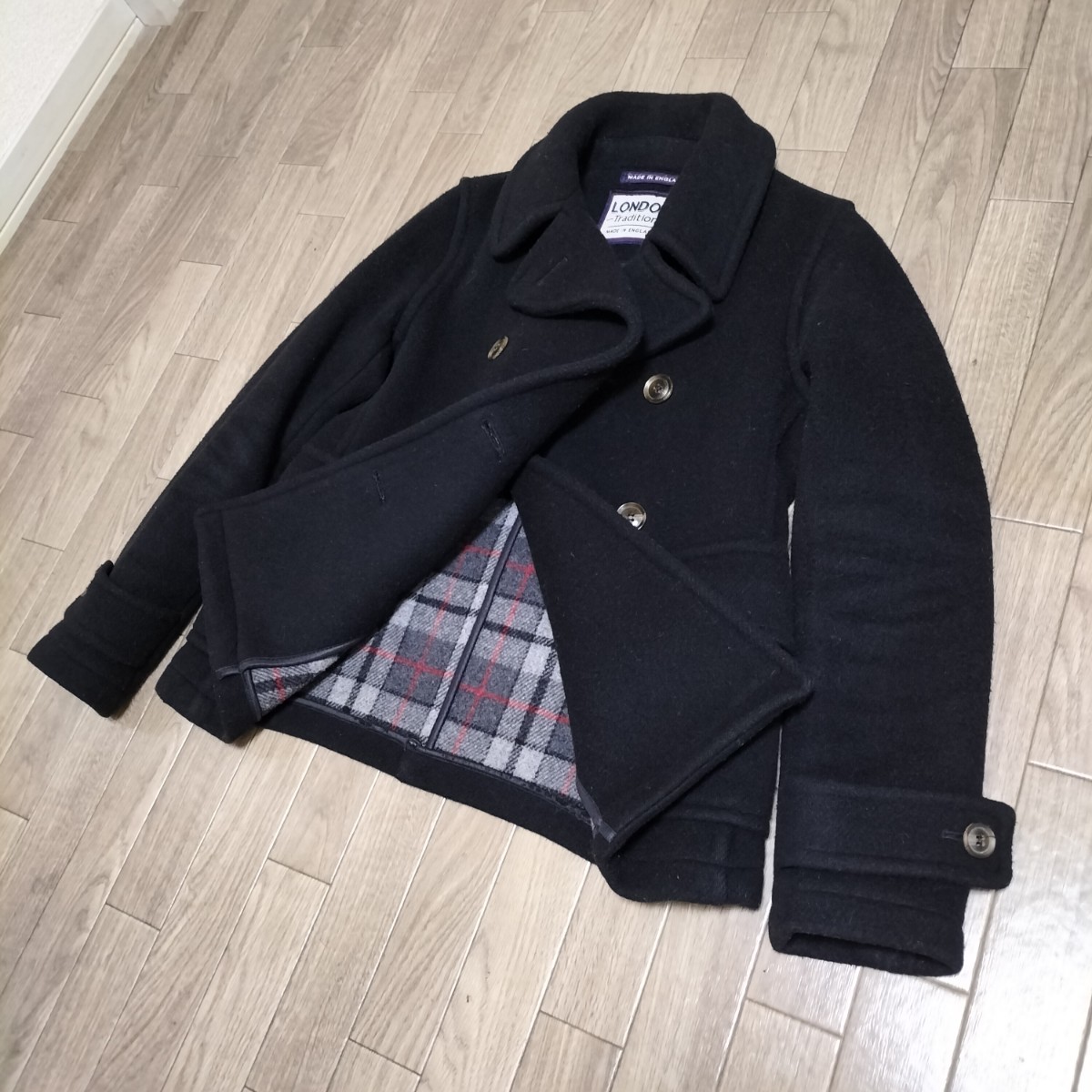 ★LONDON Tradition ピーコート ウール メルトン ジャケット サイズ34 黒 グレー チェック柄 ロンドントラディション 8B P-COAT 古着 USED_画像2