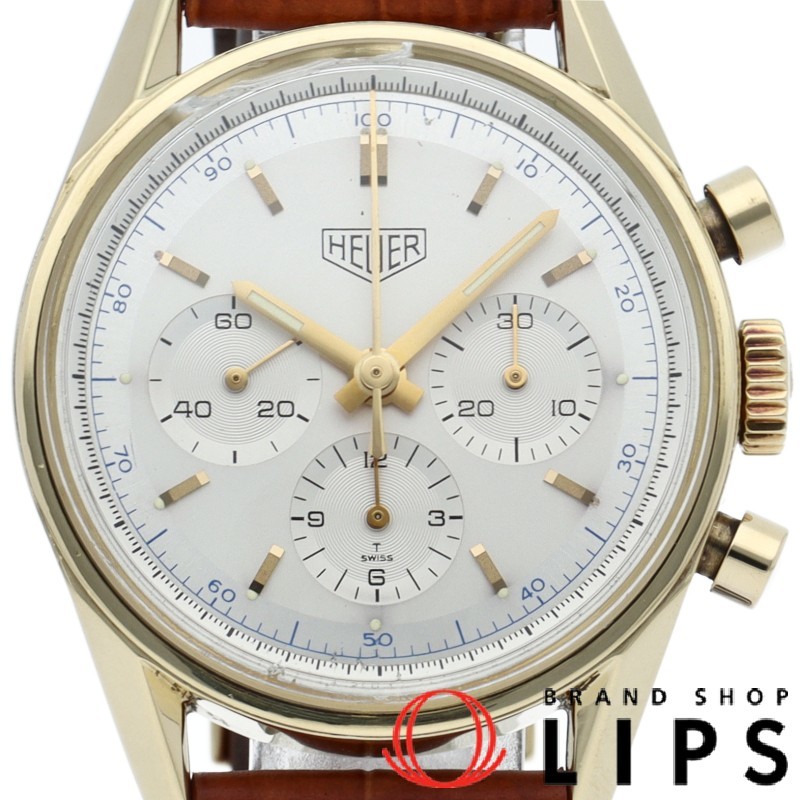  tag * Heuer Carrera chronograph 1964 year reissue model OH settled CS3140 K18YG/ leather men's clock silver OH*.