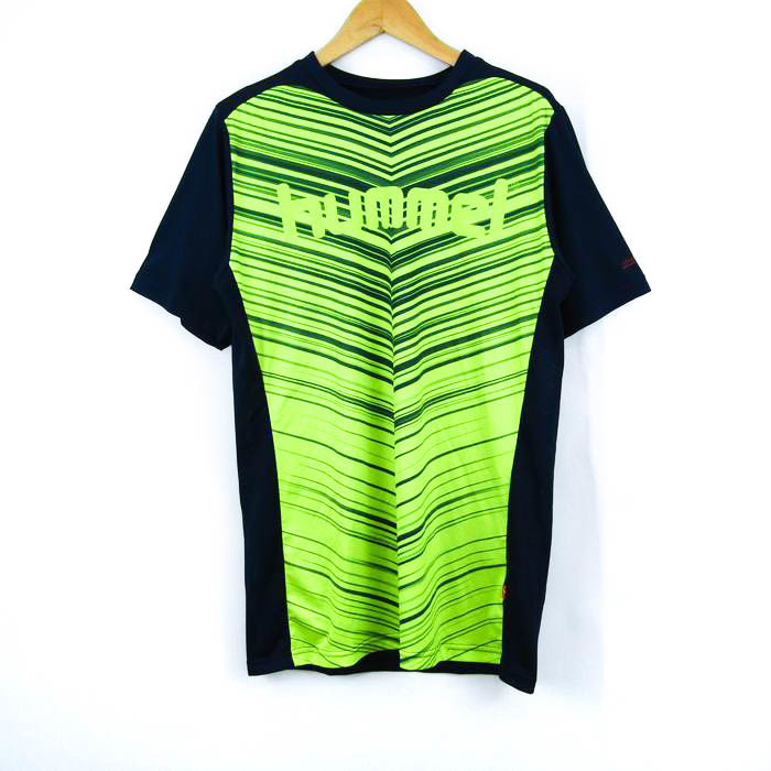 ヒュンメル 半袖Tシャツ ロゴT スポーツウエア メッシュ メンズ Lサイズ イエロー×ネイビー hummelの画像1