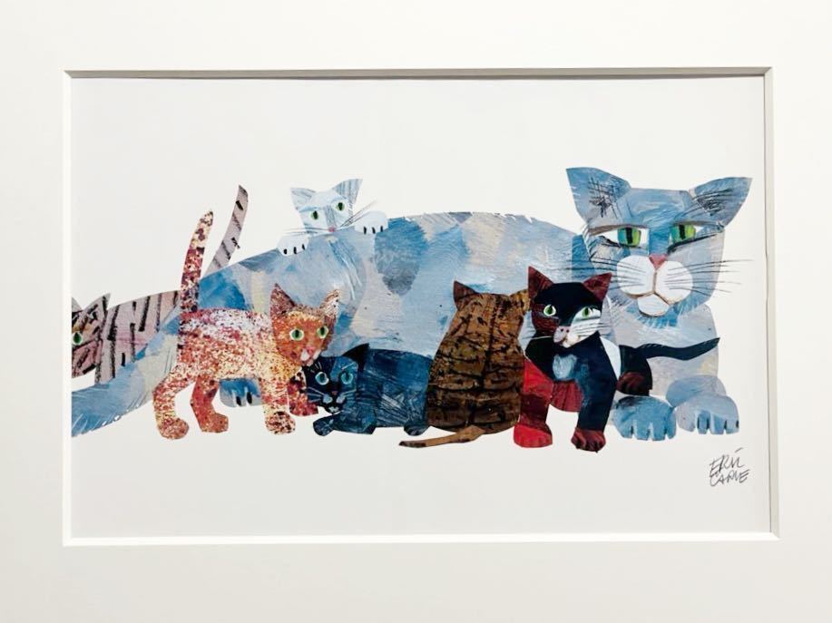 【エリック・カール】「猫たち」印刷物 絵本 挿絵 木製額装サイズ44.1×33.8cm 猫 動物 ヤフ オク限定 ポスター はらぺこあおむし